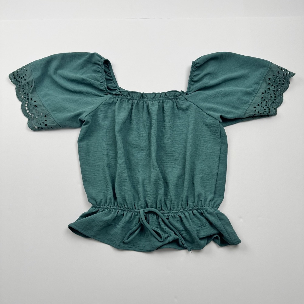 London Rose Blouse Womens Small Teal Eyelet Ruffle Peplum Puff Sleeve Top LR1882